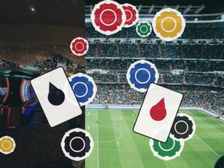 Decorative collage: a soccer stadium with floating cards showing red blood drop symbols and colorful circular gears.