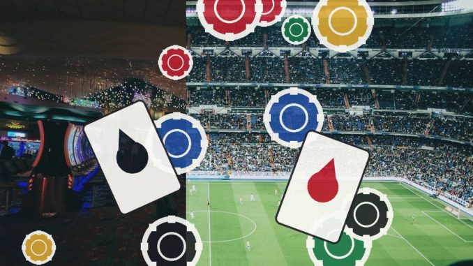 Decorative collage: a soccer stadium with floating cards showing red blood drop symbols and colorful circular gears.