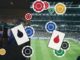 Decorative collage: a soccer stadium with floating cards showing red blood drop symbols and colorful circular gears.