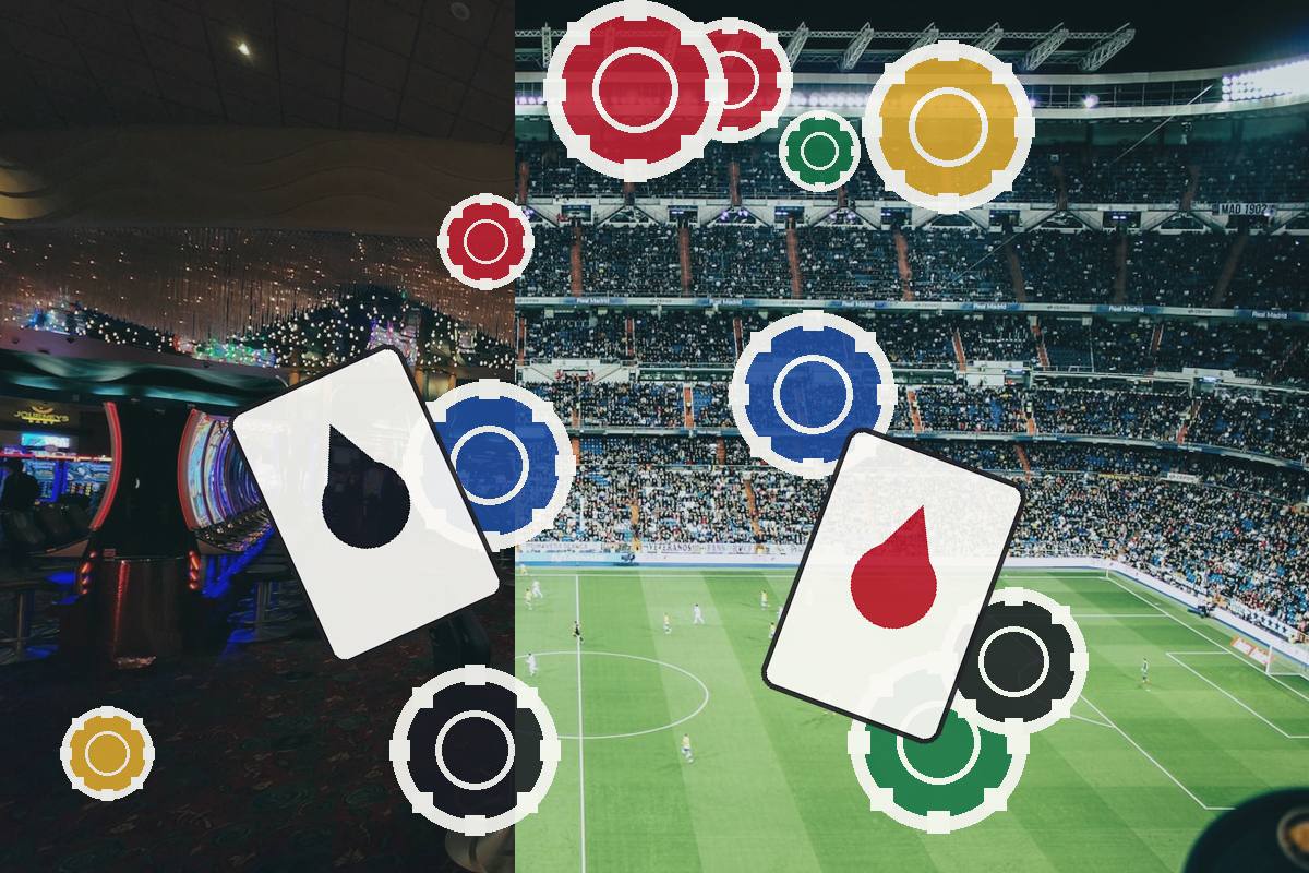Decorative collage: a soccer stadium with floating cards showing red blood drop symbols and colorful circular gears.