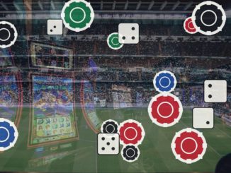Gambling-themed overlay with casino chips and dice over a crowded football stadium field and scoreboard