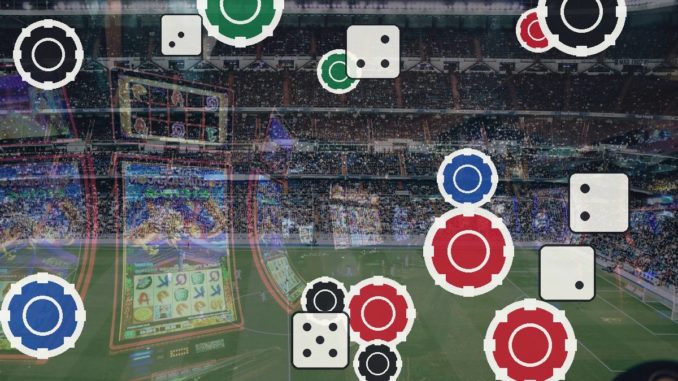 Gambling-themed overlay with casino chips and dice over a crowded football stadium field and scoreboard