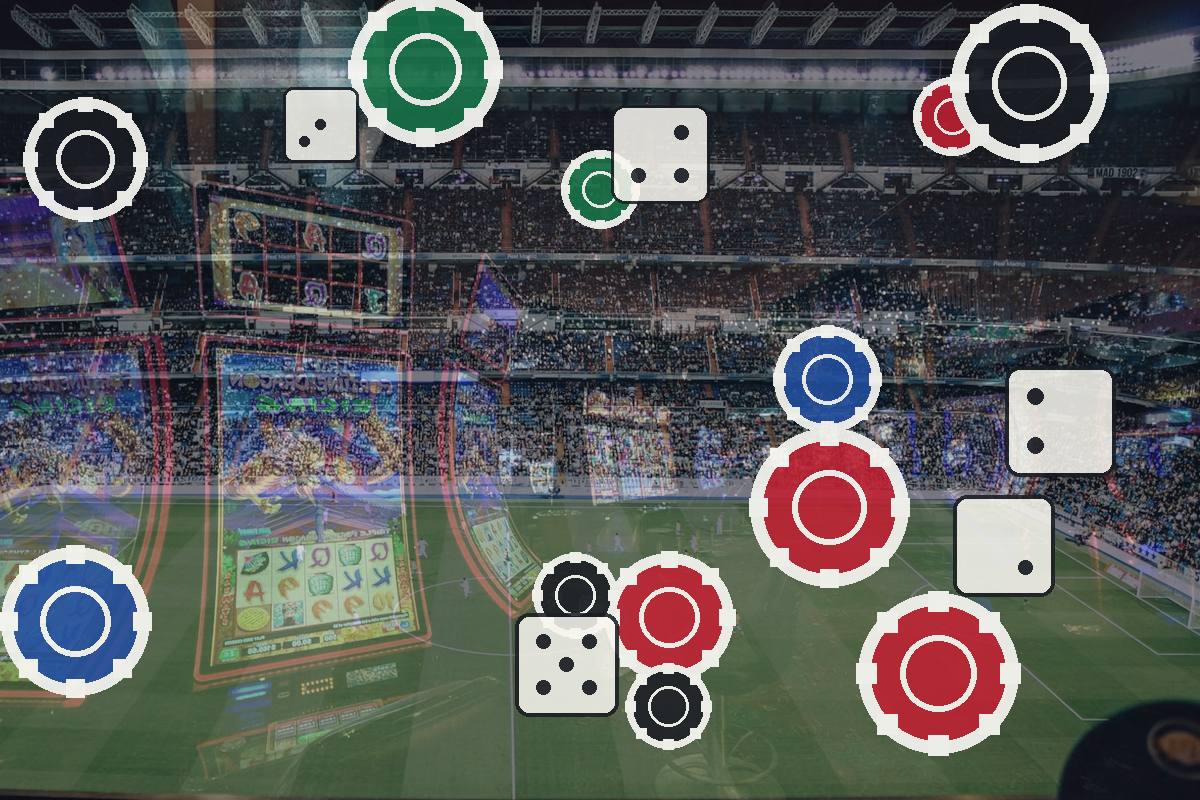 Gambling-themed overlay with casino chips and dice over a crowded football stadium field and scoreboard