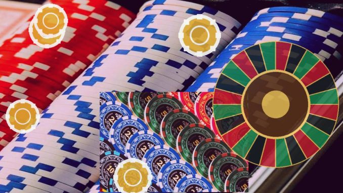 Stacks of red, white, and blue poker chips with a roulette wheel visible on the right and golden tokens floating over the chips (casino scene).