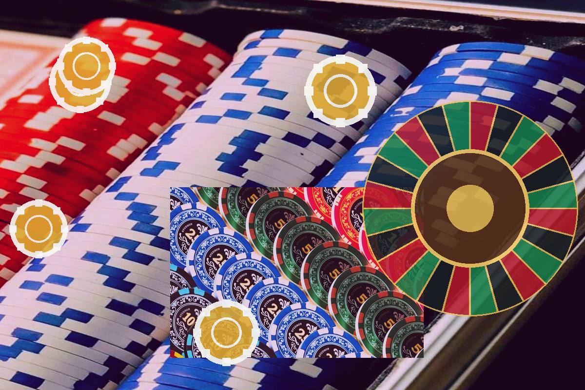 Stacks of red, white, and blue poker chips with a roulette wheel visible on the right and golden tokens floating over the chips (casino scene).