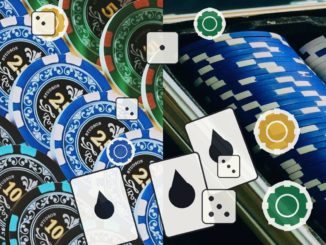 Gambling collage: colorful casino chips with playing cards, dice, and circular icons overlaid
