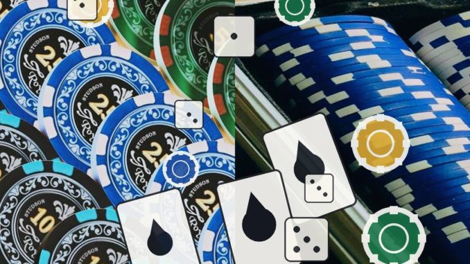 Gambling collage: colorful casino chips with playing cards, dice, and circular icons overlaid