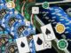 Gambling collage: colorful casino chips with playing cards, dice, and circular icons overlaid