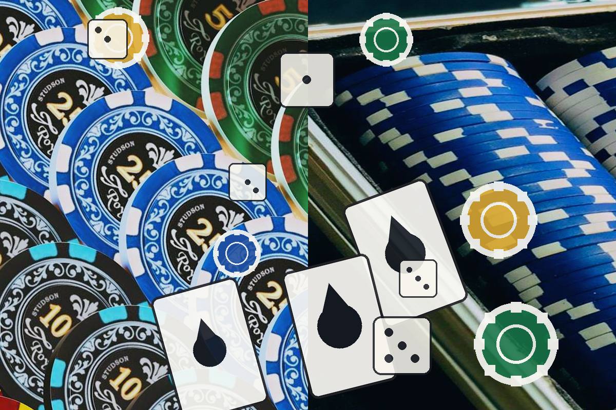 Gambling collage: colorful casino chips with playing cards, dice, and circular icons overlaid