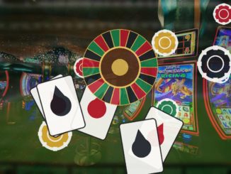 Colorful casino scene with a roulette wheel and playing cards overlaid on bright slot machines in the background.