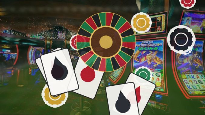Colorful casino scene with a roulette wheel and playing cards overlaid on bright slot machines in the background.