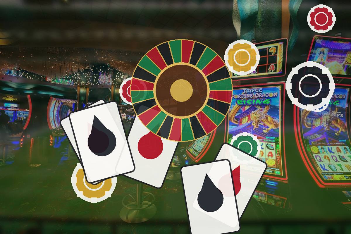 Colorful casino scene with a roulette wheel and playing cards overlaid on bright slot machines in the background.
