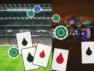 Split scene: crowded football stadium on the left and a bright casino on the right, with large playing cards showing red and black drops in the foreground.
