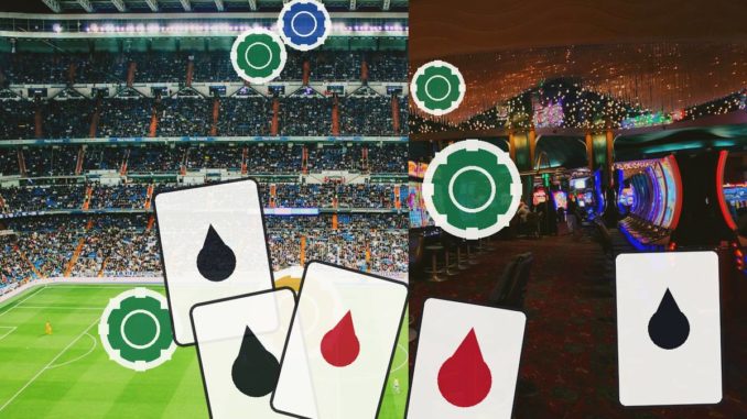 Split scene: crowded football stadium on the left and a bright casino on the right, with large playing cards showing red and black drops in the foreground.
