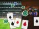 Split scene: crowded football stadium on the left and a bright casino on the right, with large playing cards showing red and black drops in the foreground.