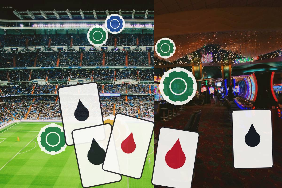 Split scene: crowded football stadium on the left and a bright casino on the right, with large playing cards showing red and black drops in the foreground.