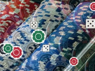 Close-up of colorful casino chips with overlay dice and circular icons floating above.