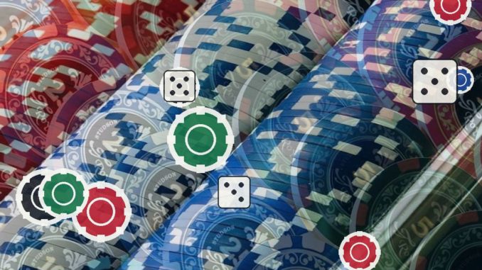 Close-up of colorful casino chips with overlay dice and circular icons floating above.