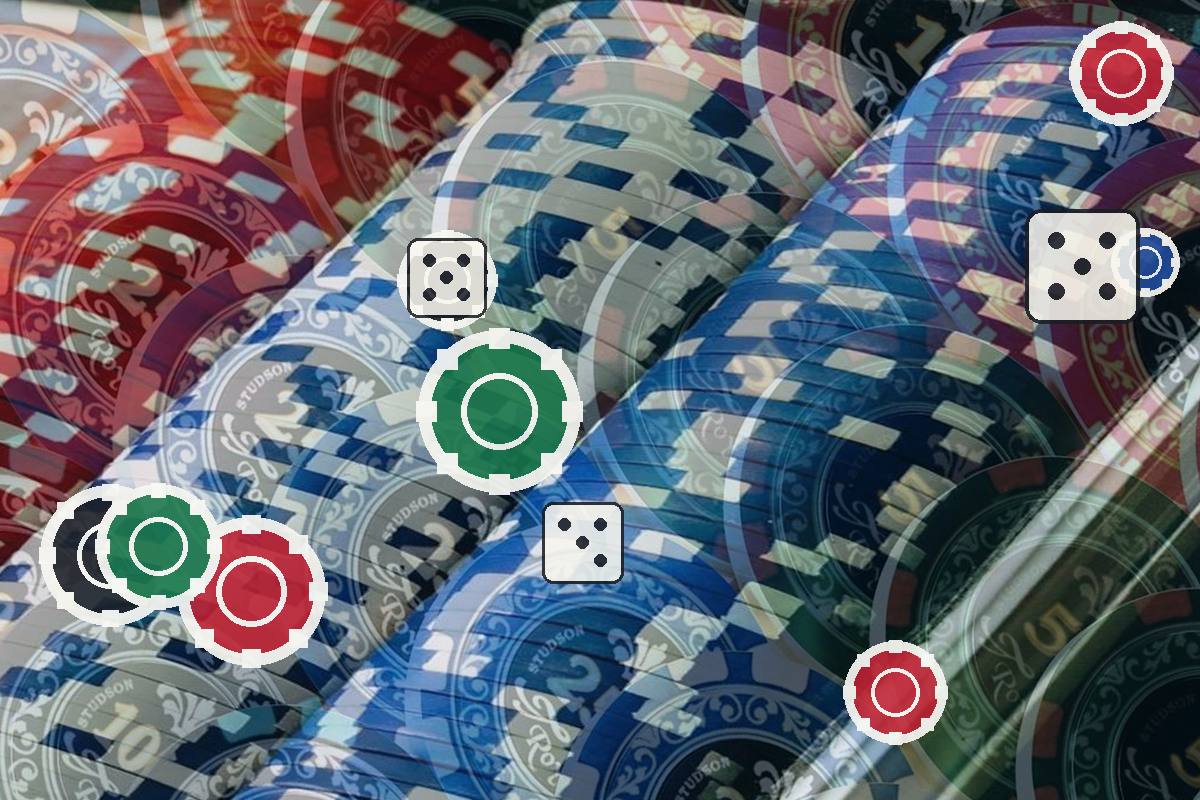 Close-up of colorful casino chips with overlay dice and circular icons floating above.