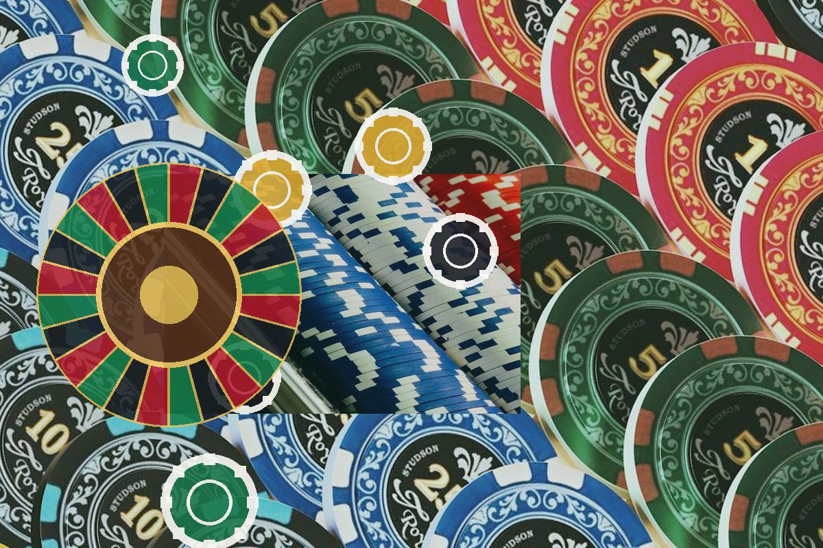 Colorful casino chips surround a roulette wheel, depicting gambling.