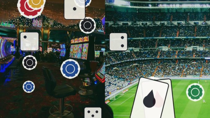 Split image showing a casino interior with slot machines and colorful chips on the left and a crowded soccer stadium on the right, with betting icons overlayed.