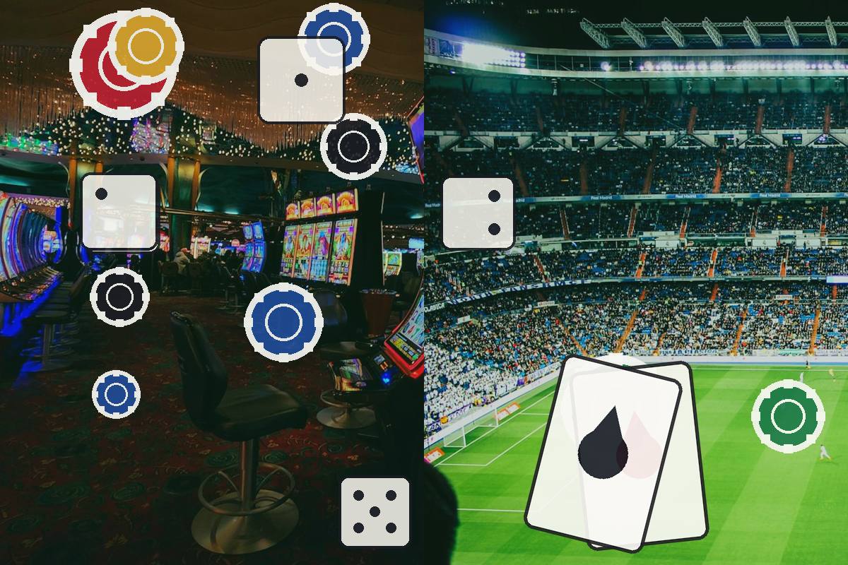 Split image showing a casino interior with slot machines and colorful chips on the left and a crowded soccer stadium on the right, with betting icons overlayed.
