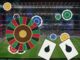 Colorful roulette wheel and poker chips over a soccer stadium, with two playing cards in the foreground.