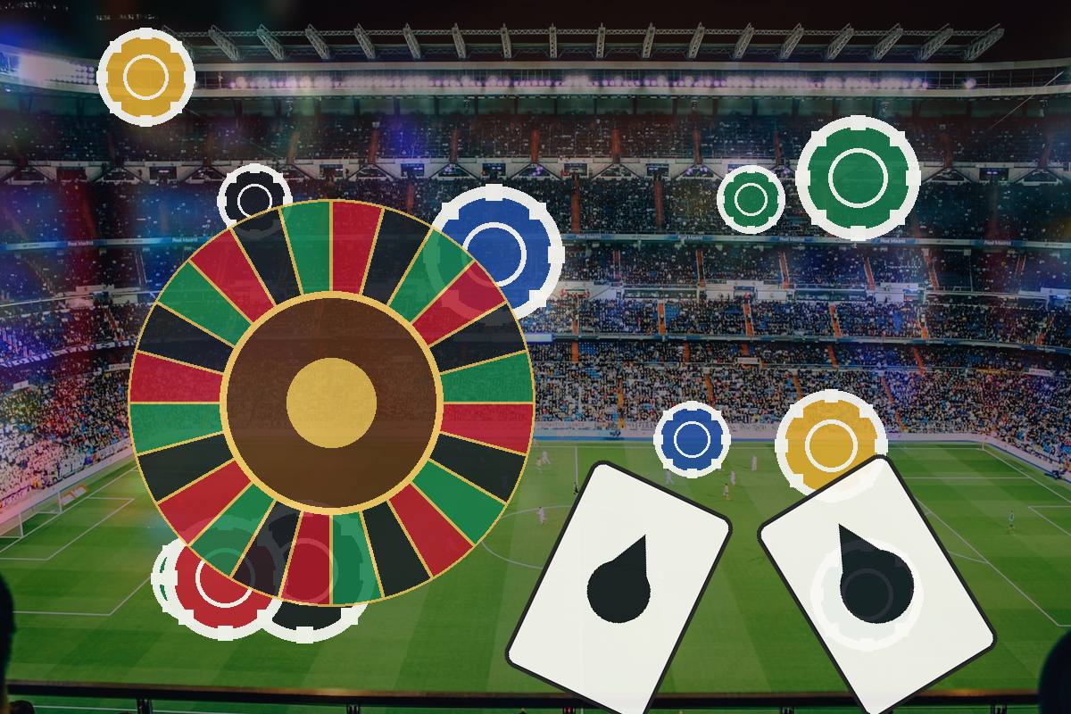 Colorful roulette wheel and poker chips over a soccer stadium, with two playing cards in the foreground.